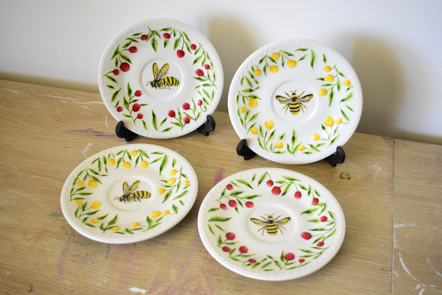 Upcycled Honey Bee Plate Set of 4